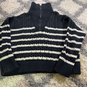 La Ligne Sweater Womens XL Black White High Neck Cable Knit Long Sleeve‎ 1/4 Zip